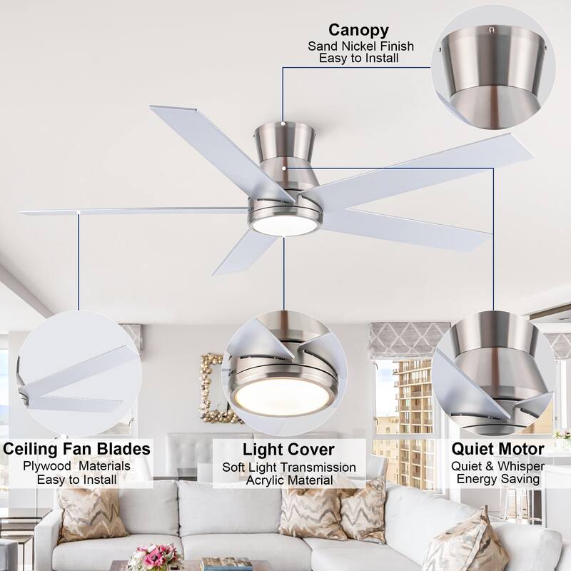 YUHAO AeroLite 48 in. Indoor White Low Profile Standard Ceiling Fan with Bright White Integrated LED Light Kit, Remote Included