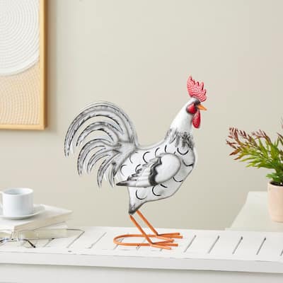 White Metal Rooster Garden Sculpture with Black Texturing and Red Accents