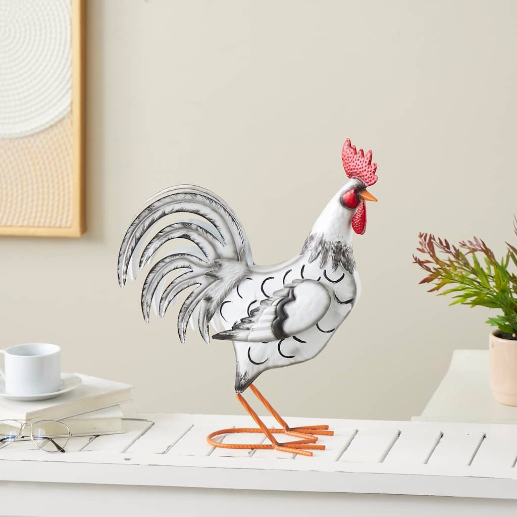White Metal Rooster Garden Sculpture with Black Texturing and Red Accents