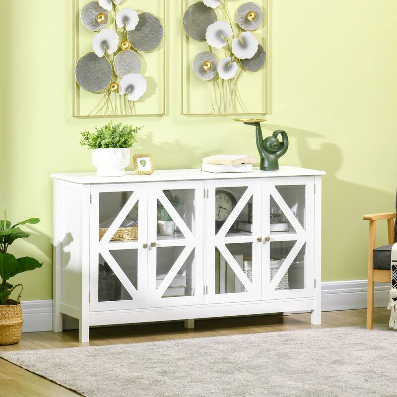 Sideboard Cabinet with Tempered Glass Doors & Adjustable Storage Shelves, White - White