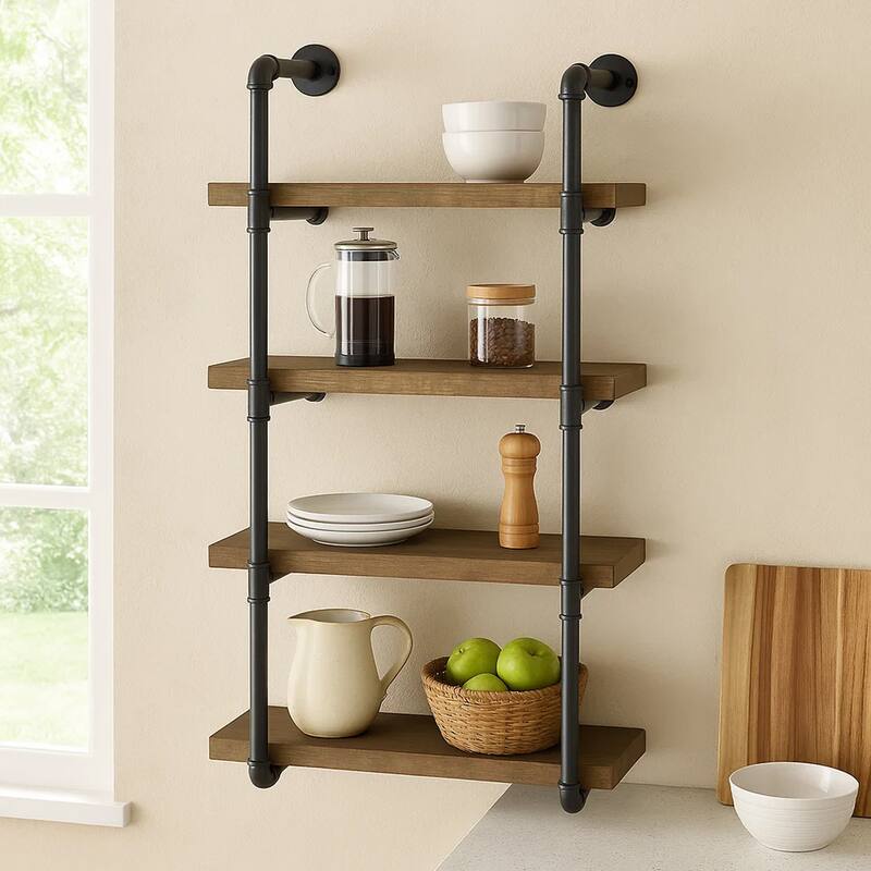 Wall Shelf with 4 Shelves and Piped Metal Frame, Brown and Black