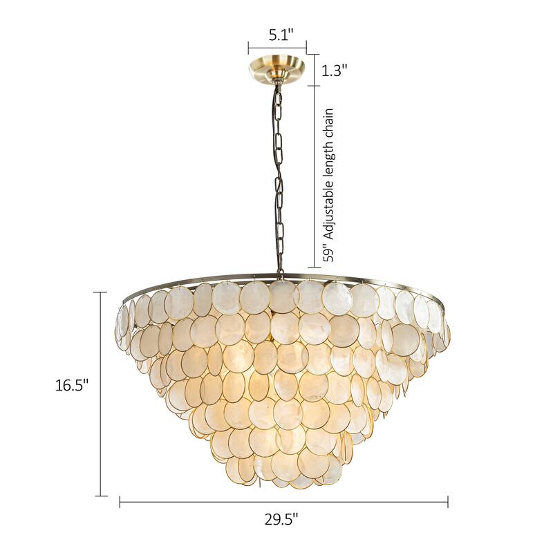CraftHome Modern Coastal Aged Bronze Natural Capiz Shell Tiered Vintage Glam Chandelier For Dining Room