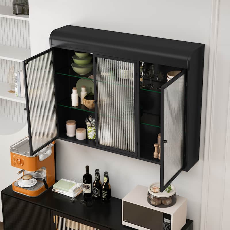 Elegant 3-Door Arched Wall Mounted Glass Cabinet for Stylish Storage in Kitchen, Living Room, and Bathroom (Black) - Black