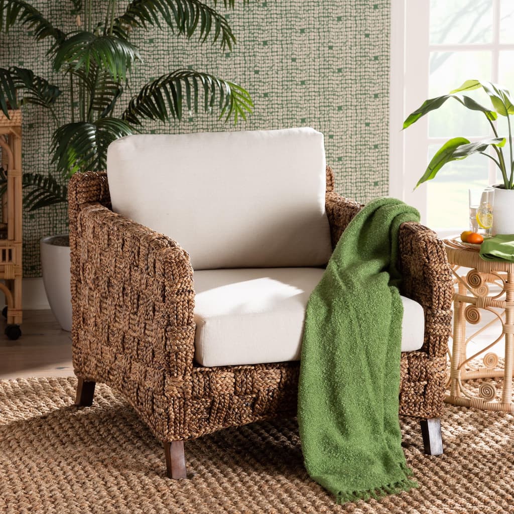 bali & pari Vevina Modern Bohemian Dark Brown Mahogany Wood and Woven Seagrass Arm Chair