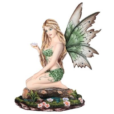 Q-Max 9"H Green Fairy Sitting on Pond Statue Fantasy Decoration Figurine