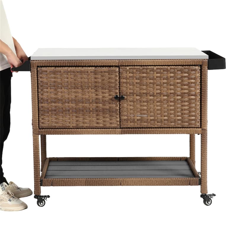 Rolling Rattan Bar Cart with Stainless Steel Table Top for Garden