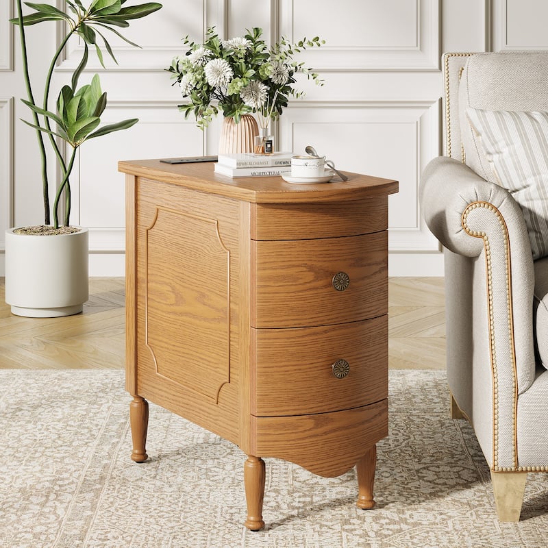 Rossetta Vintage Style Slim Narrow End Table with Convenient Charging Station and Deep Drawers, Easy Assembly
