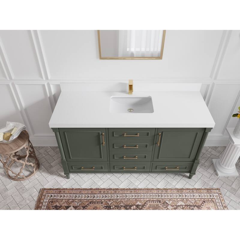 Willow Collections 60 in. W x 22 in. D Aberdeen Single Bowl Sink Bathroom Vanity in Pewter Green with Countertop - 2" White Quartz - Pewter Green
