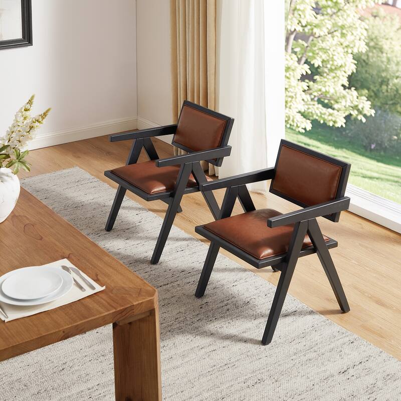 Art Leon Set of 2 Wood and Upholstered Accent Dining Chair with Wooden Armrest