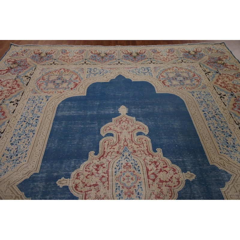 Blue Distressed Kerman Persian Vintage Area Rug Handmade Wool Carpet - 9'3" x 11'10"