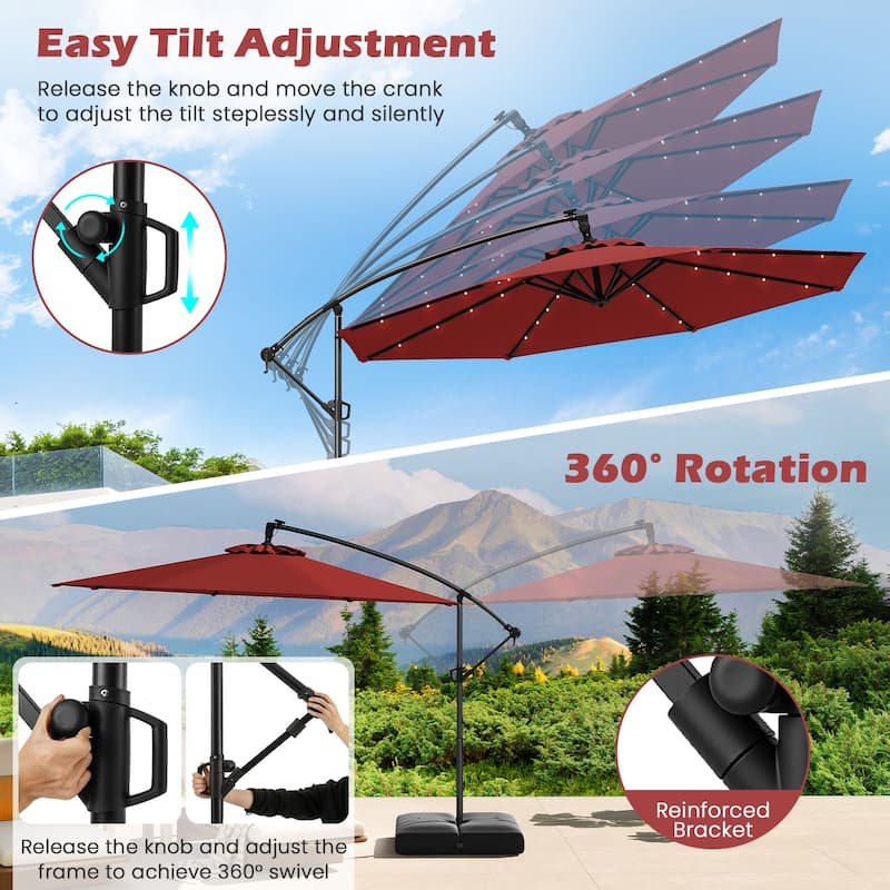 Gymax 10 FT Solar Offset Hanging Umbrella Patio Cantilever Umbrella w/