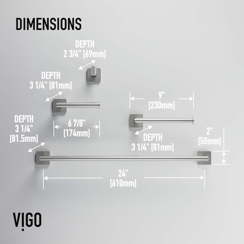 VIGO Satro 4-Piece Bathroom Hardware Accessory Set with 24 in. Towel Bar, Toilet Paper Holder, Hand Towel Holder, Hook