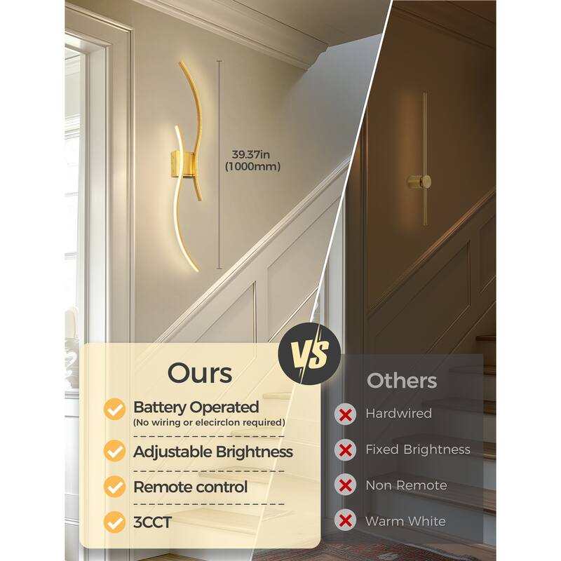 YANSUN 2-Set Dual-Wave Rechargeable Wall Light, 6000mAh Battery, Indoor Lighting, Gold Finish - 39.37*7*6.22