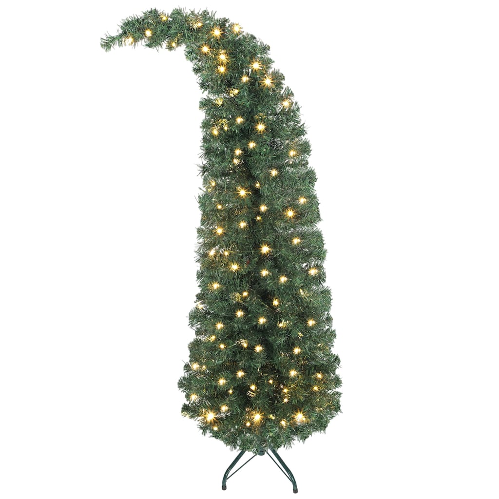 5 ft Prelit Bent Top Christmas Tree, Whimsical Xmas Tree Slim High Mountain Fir with 300 LEDs and Metal Stand