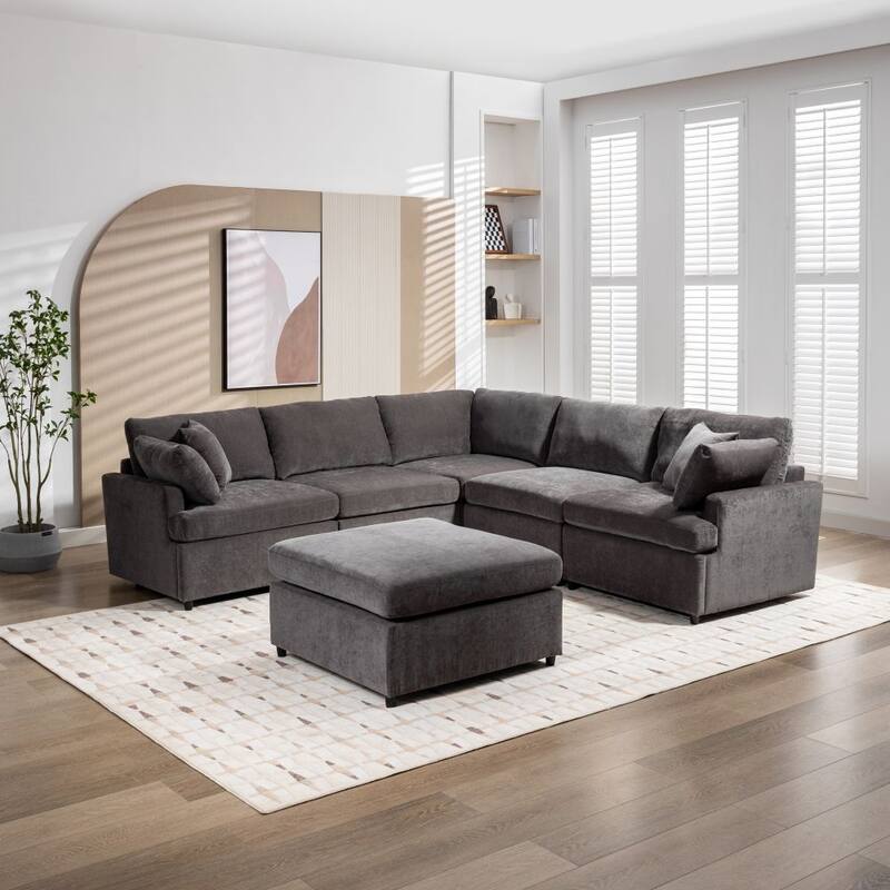 Modern Large U-Shape Sectional Sofa, with Removable Ottomans for Living Room - Grey