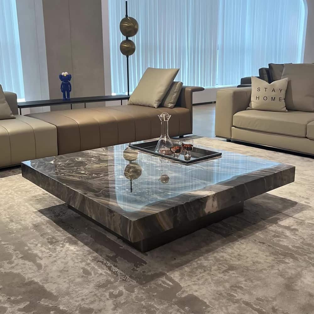 Modern 42" Faux Marble Square Coffee Table，Glossy Sintered Stone Tabletop