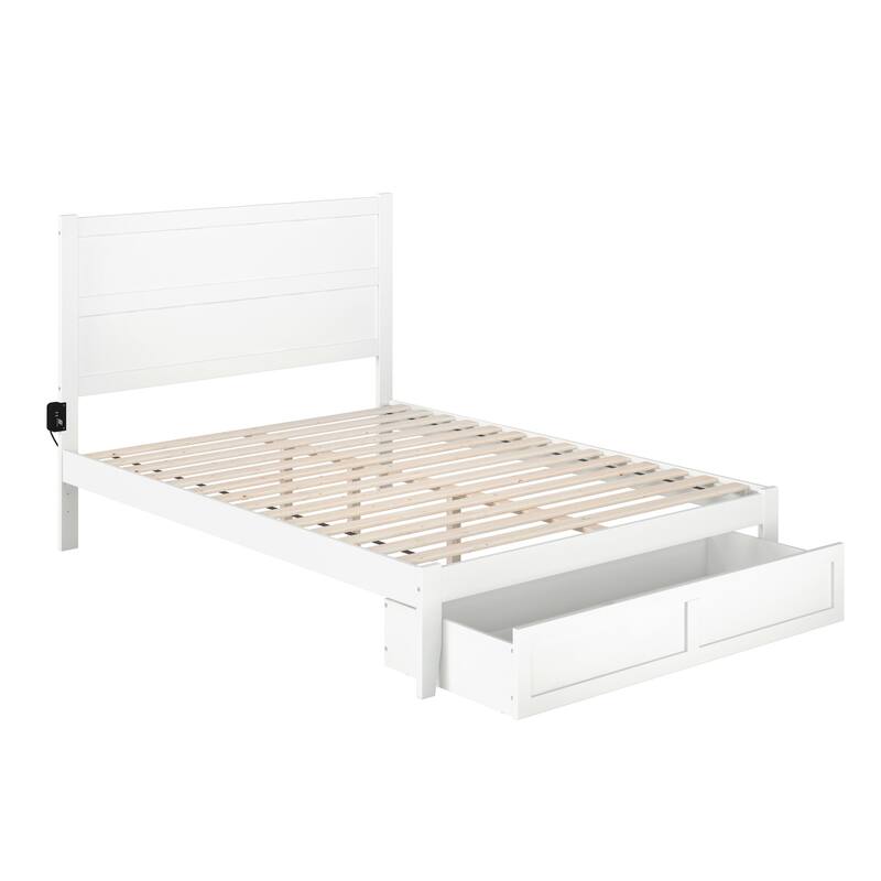 Rustic Bed with Storage Drawer - Modern Platform Bed Frame - White Finish - Home Bedroom Furniture