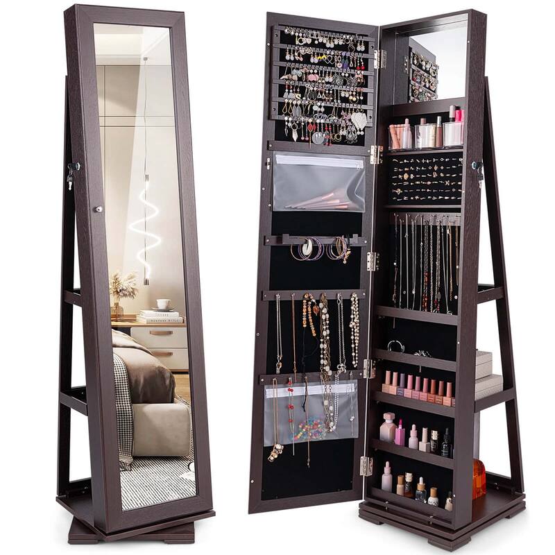 Costway 360degree Rotatable Jewelry Cabinet 2-in-1 Lockable Mirrored - See Details