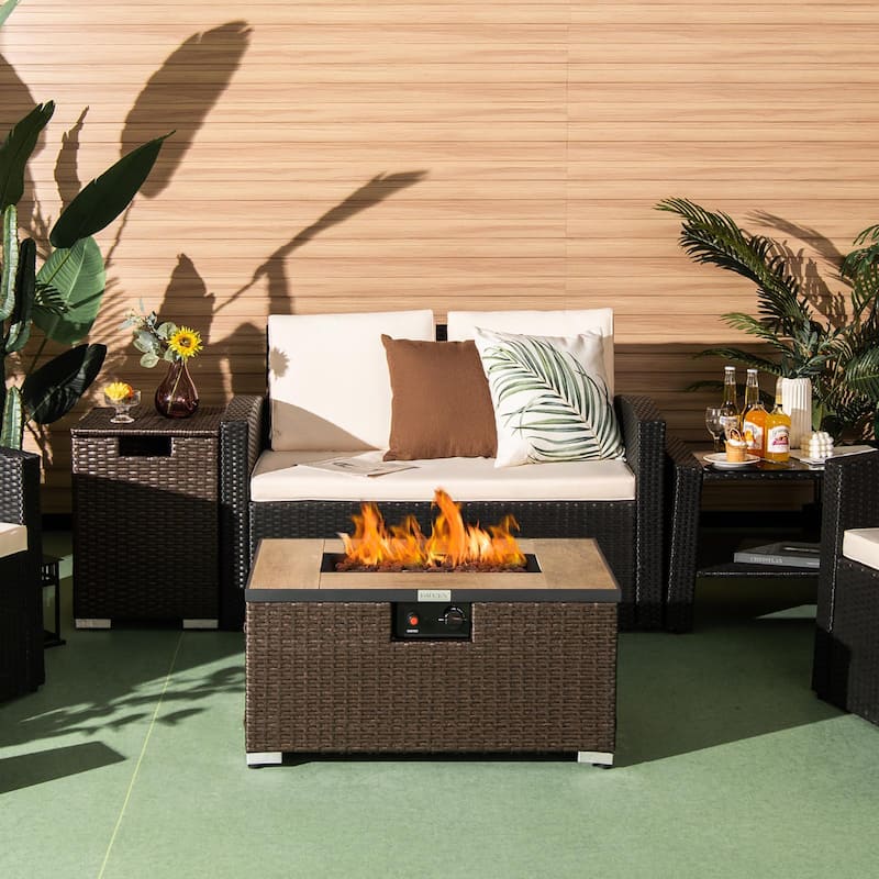 32''x 20'' Propane Rattan Fire Pit Table Set w/ Side Table Tank Cover