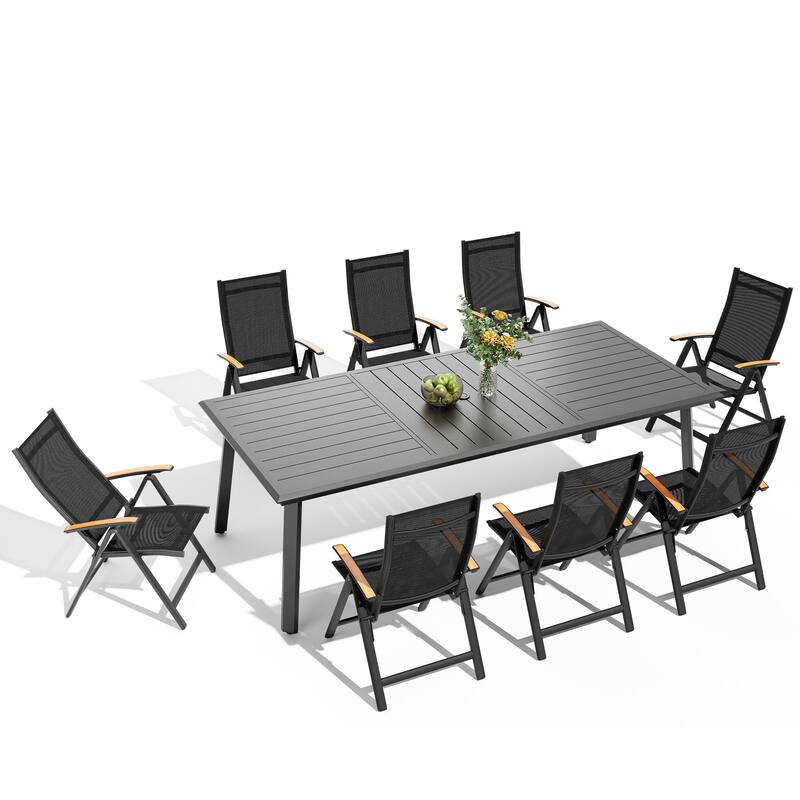 7/9-Piece Outdoor Dining Set Aluminum Patio Dining Table with Umbrella Hole and Adjustable Folding Chairs