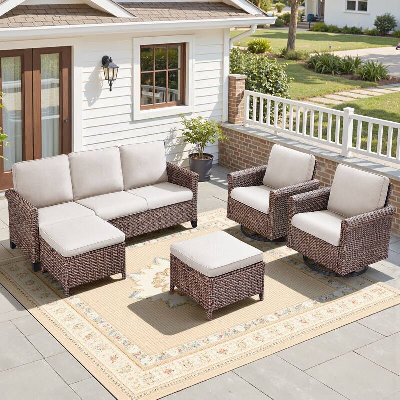 Pocassy Outdoor Sofa with Swivel Chairs Funiture Set - 5PCS Sofa Chair w/ Ottoman - Brown Wicker Blue Cushion