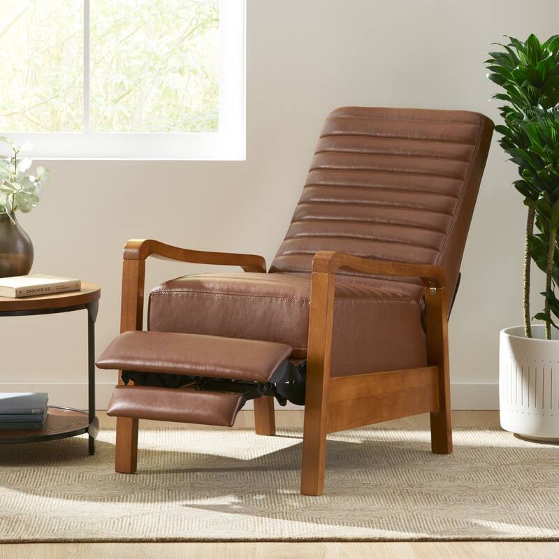 Small Wood Frame Recliner Club Chair with Retractable Footrest Living Room Lounge Armchair Upholstered Reading Chair for Bedroom