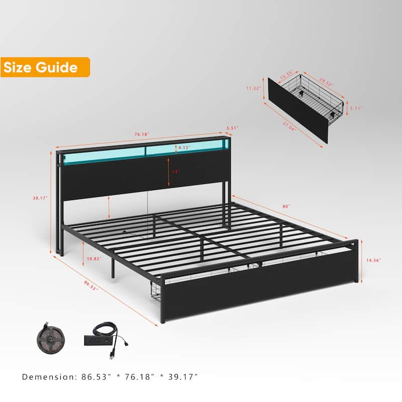 King Size Heavy Duty Metal Platform Bed with 2 Drawers, Smart LED Bed Frame, Storage Headboard with Charging Station
