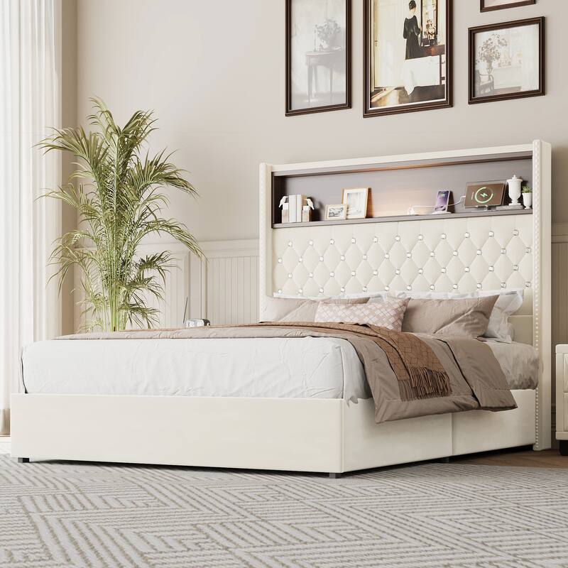 Roomfitters Velvet Tufted Platform Bed with Charging Ports, Tall Wingback Headboard with Rivet Trim and Shelf