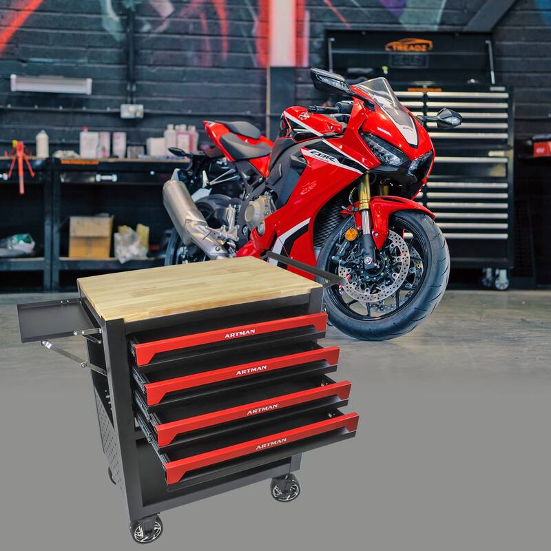 4 Drawers Multifunctional Tool Cart with Wheels and Wooden Top