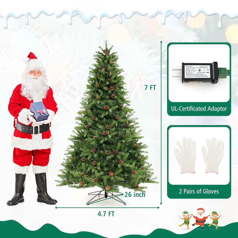 7 FT Artificial Christmas Tree with Pine Cones and Adjustable Brightness