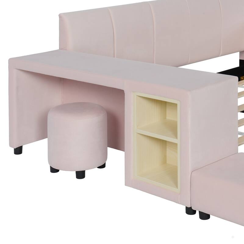 Upholstered Grounded Bed Mother & Child Bed with Bedside Desk and Little Round Stool