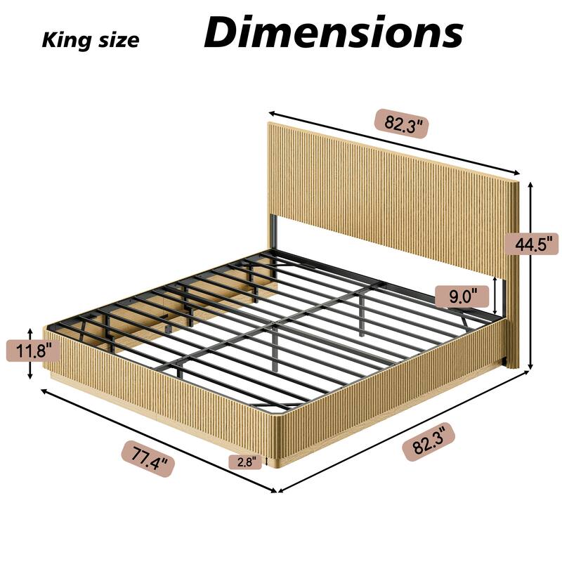 Low Profile Bed Frame with High Headboard, LED Light Strip Under Bed, Wooden Corrugated Curved Platform Bed, Metal Frame Support