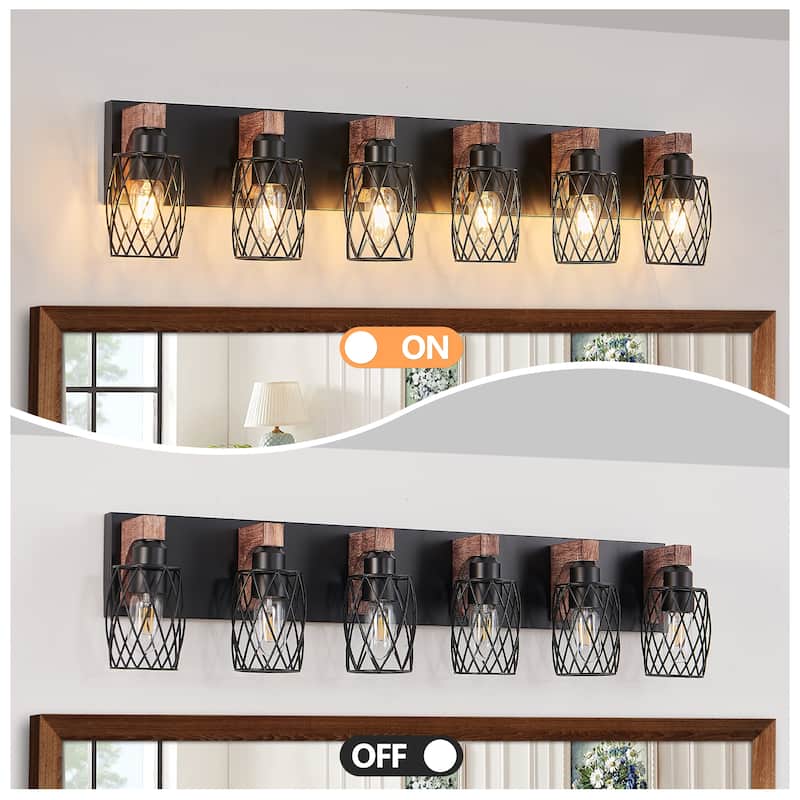 38" 6-Light Industrial Wall Sconce - Black Cage - Wood - Bathroom， Hallway, or Living Room(Bulb Not Included)