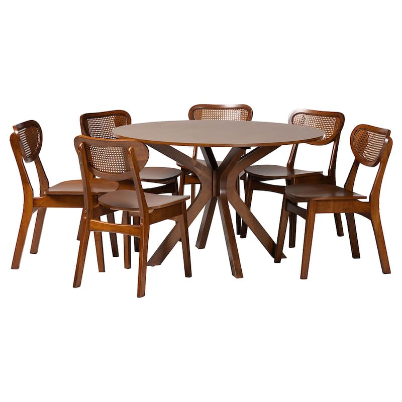 Giuliana Mid-Century Modern Wood and Woven Rattan 7-Piece Dining Set - Walnut