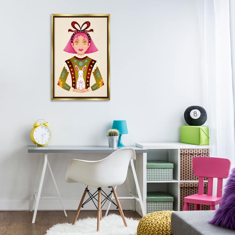 Stupell Pink Haired Girl & Bunny Framed Floater Canvas Wall Art Design By Hannah Moren