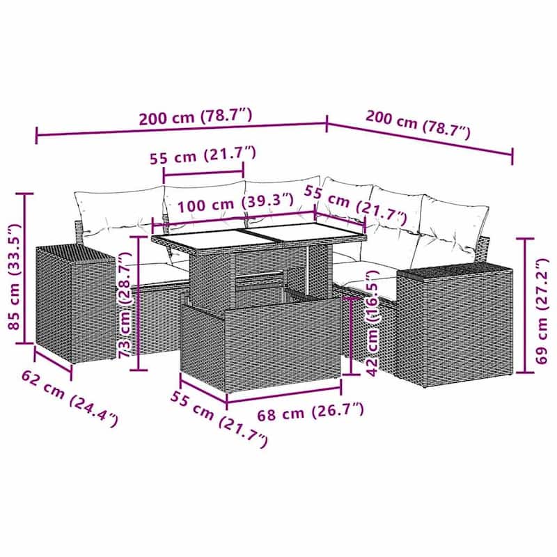 vidaXL Patio Sofa Set with Cushions Table and Couches 6 Piece Poly Rattan - 24.4" x 24.4" x 27.2"
