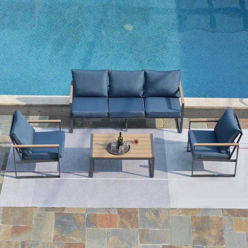 4-Piece Modern Outdoor Sofa Set - Iron Frame with Grey Cushions and Faux Wood Grain Coffee Table