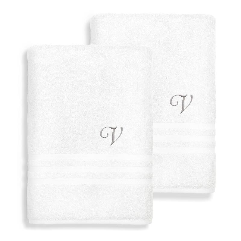 Authentic Hotel and Spa Omni Turkish Cotton Terry Set of 2 White Bath Towels with Grey Script Monogrammed Initial - White/V