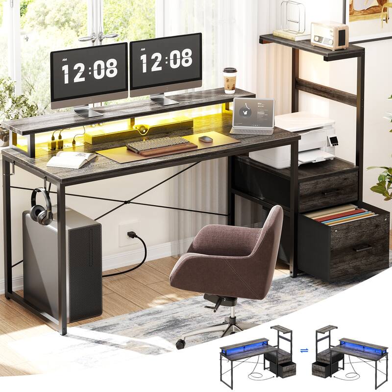 60'' Reversible Gaming Desk with Monitor Stand & Fabric Drawers，Home Office Computer Desk with RGB LED Strip & Power Outlets