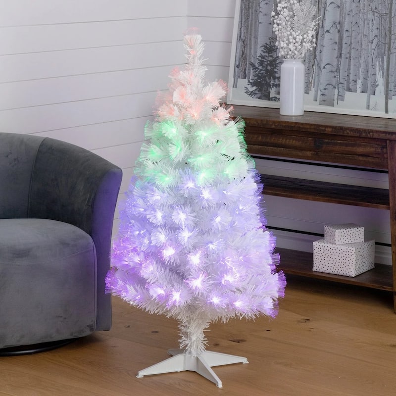 4' Pre-Lit White Fiber Optic Artificial Christmas Tree, Multicolor LED Lights - 4 Foot