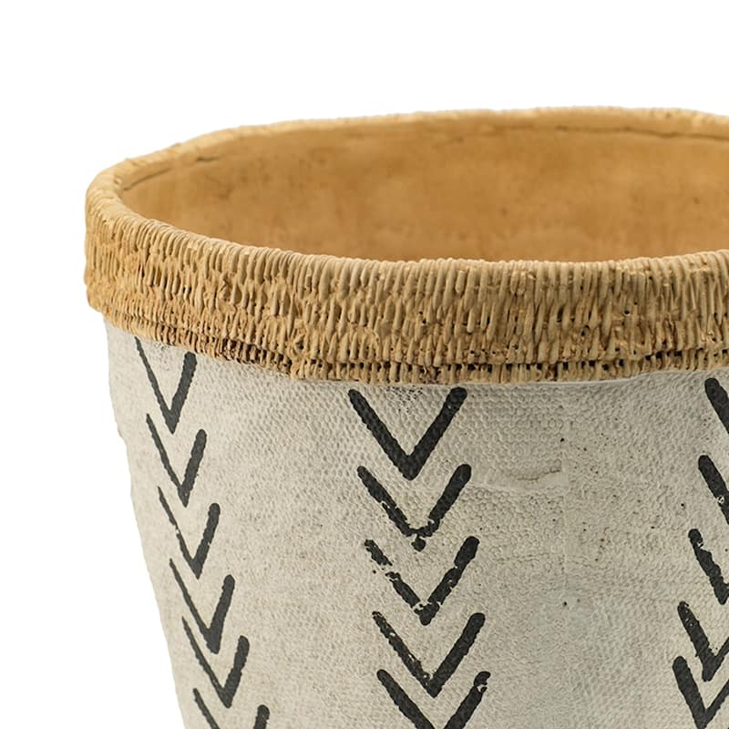 Set of 2 White and Brown Cement Planters with V Pattern, L:D10x8" S:D8x6.5"