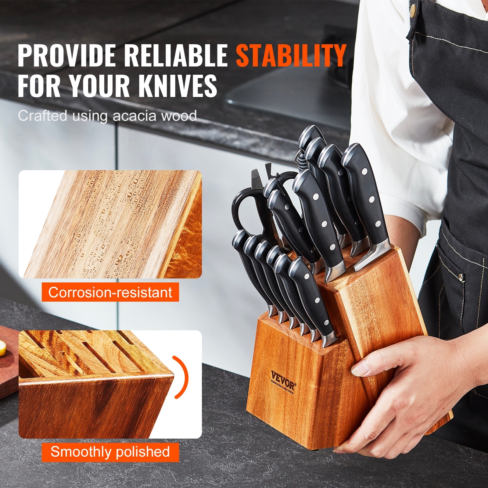 VEVOR Knife Storage Block 25-Knife Slots Acacia Wood Universal Knife Holders Large Countertop Butcher Knife Block Organizer