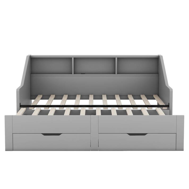 Twin to King Size Daybed Frame with Storage Bookcases and 2 Drawers