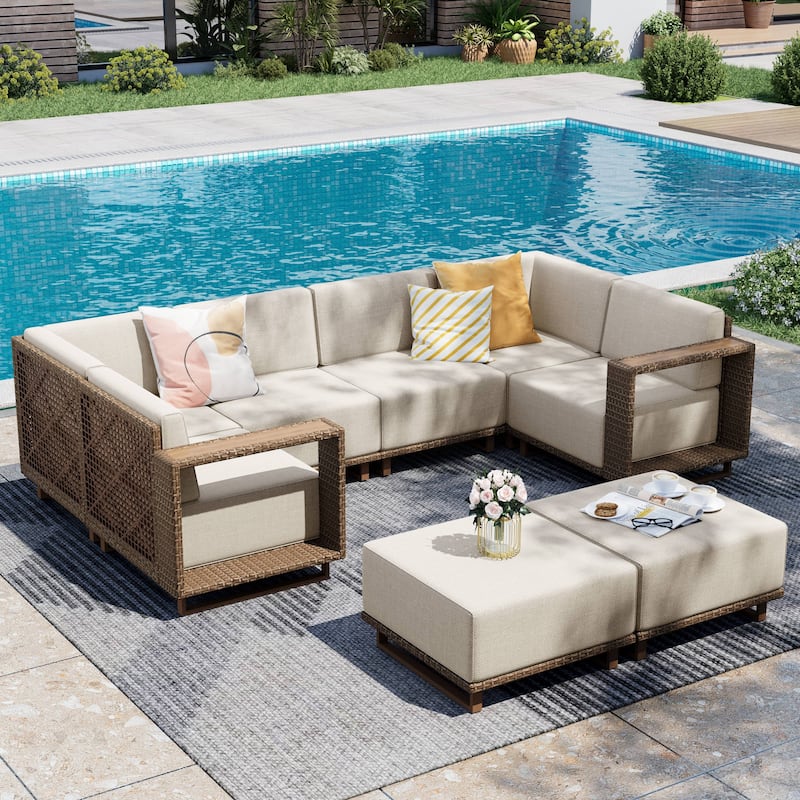 MAISON ARTS Modular Rattan Patio Sofa Set, All-Weather PE Wicker 4/6/8-Seat Outdoor Sectional with Thick Cushions - H.