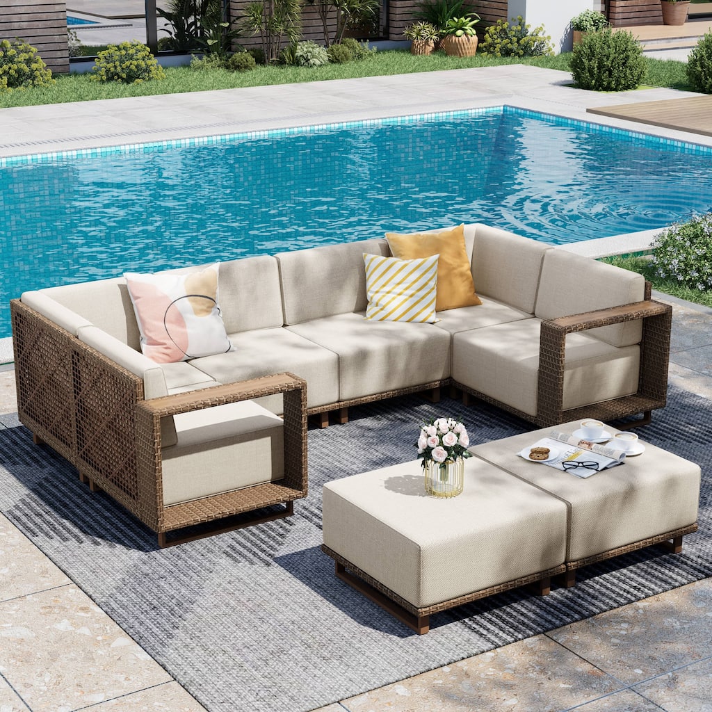MAISON ARTS Modular Rattan Patio Sofa Set, All-Weather PE Wicker 4/6/8-Seat Outdoor Sectional with Thick Cushions