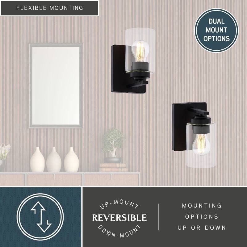 Park Ridge Bathroom Vanity Lighting Wall Fixture, Clear Glass Shade, Dimmable, LED Compatible, Over Mirror Mount Steel