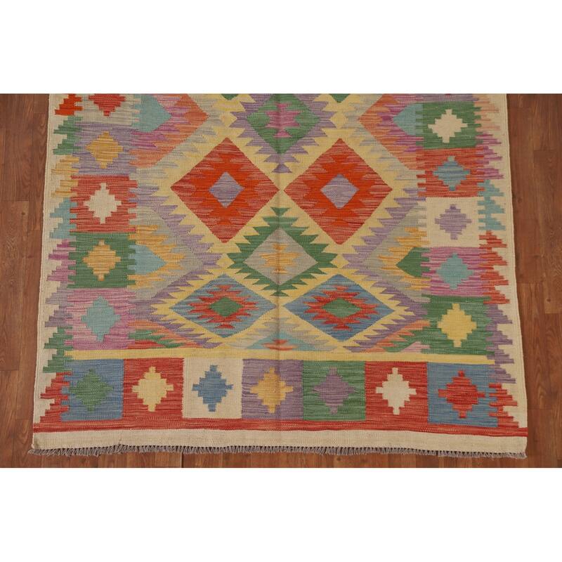 Hand Woven Oriental 100% Wool Carpet Southwestern Geometric Multi-Colored Kilim Area Rug - 6' 9'' X 4' 11''