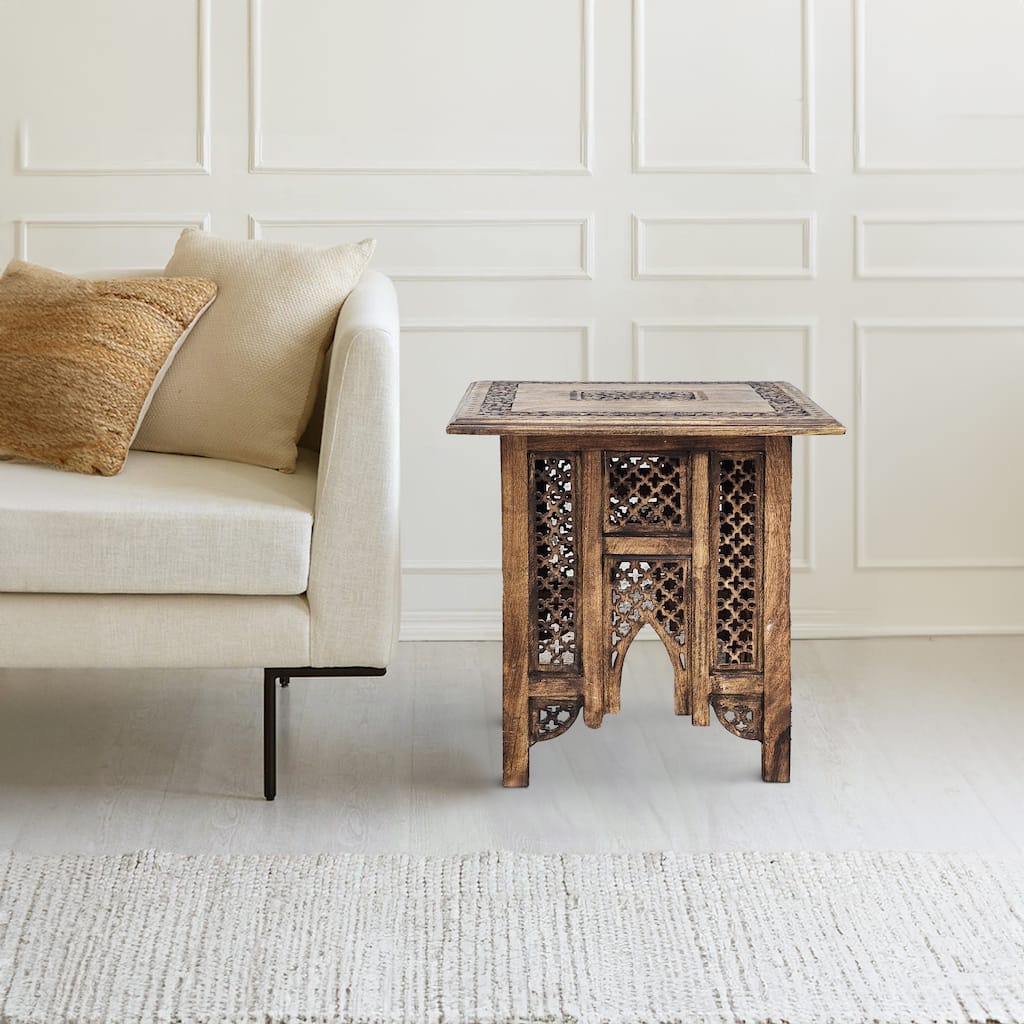 21 Inch Boho Side End Table, Floral Carved Details, Foldable Panel Legs, Natural Walnut Brown