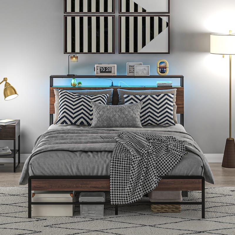 Queen Bed Frame with LED Lights, Charging Station, 3-Tier Storage Shelf, Steel Slats, No Box Spring Needed