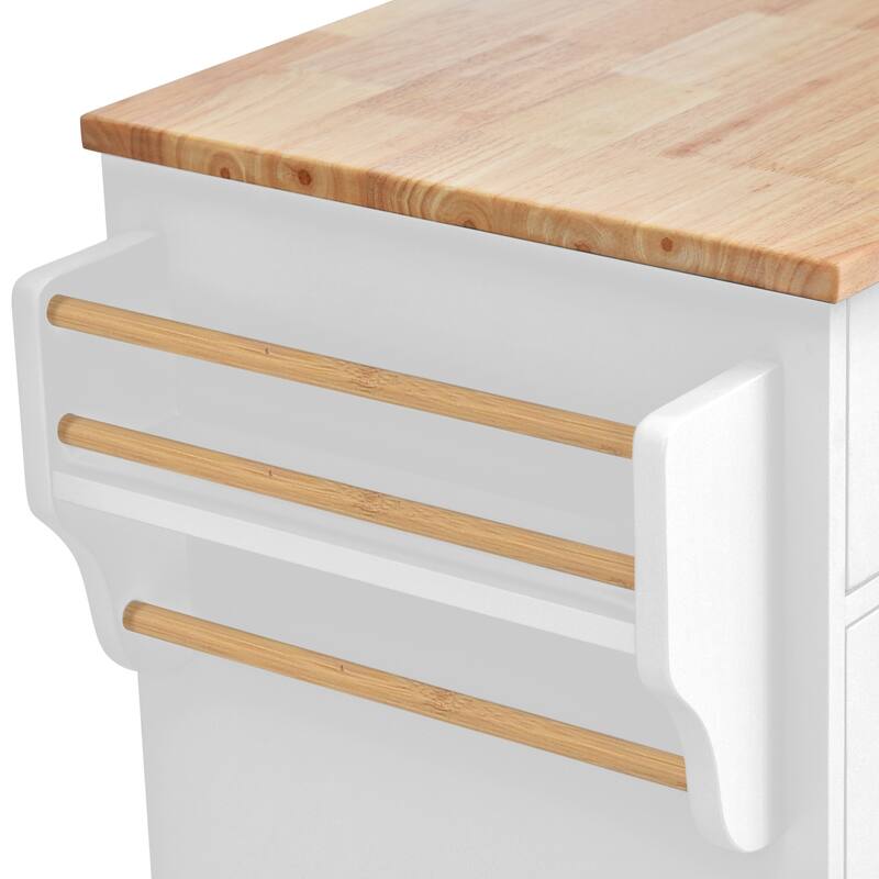 Kitchen Island with on Locking Wheels, Rolling Cart with Rubber Wood Desktop, Mobile Island with 3 Open Shelves & 5 Drawers
